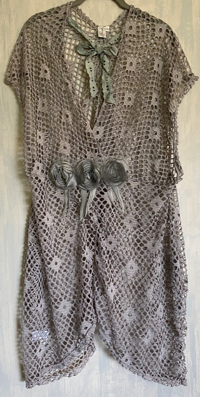 PRETTY ANGEL Tunic Dress Lace Mesh Boho Linen Blend Asymmetric w Rosettes Grey L